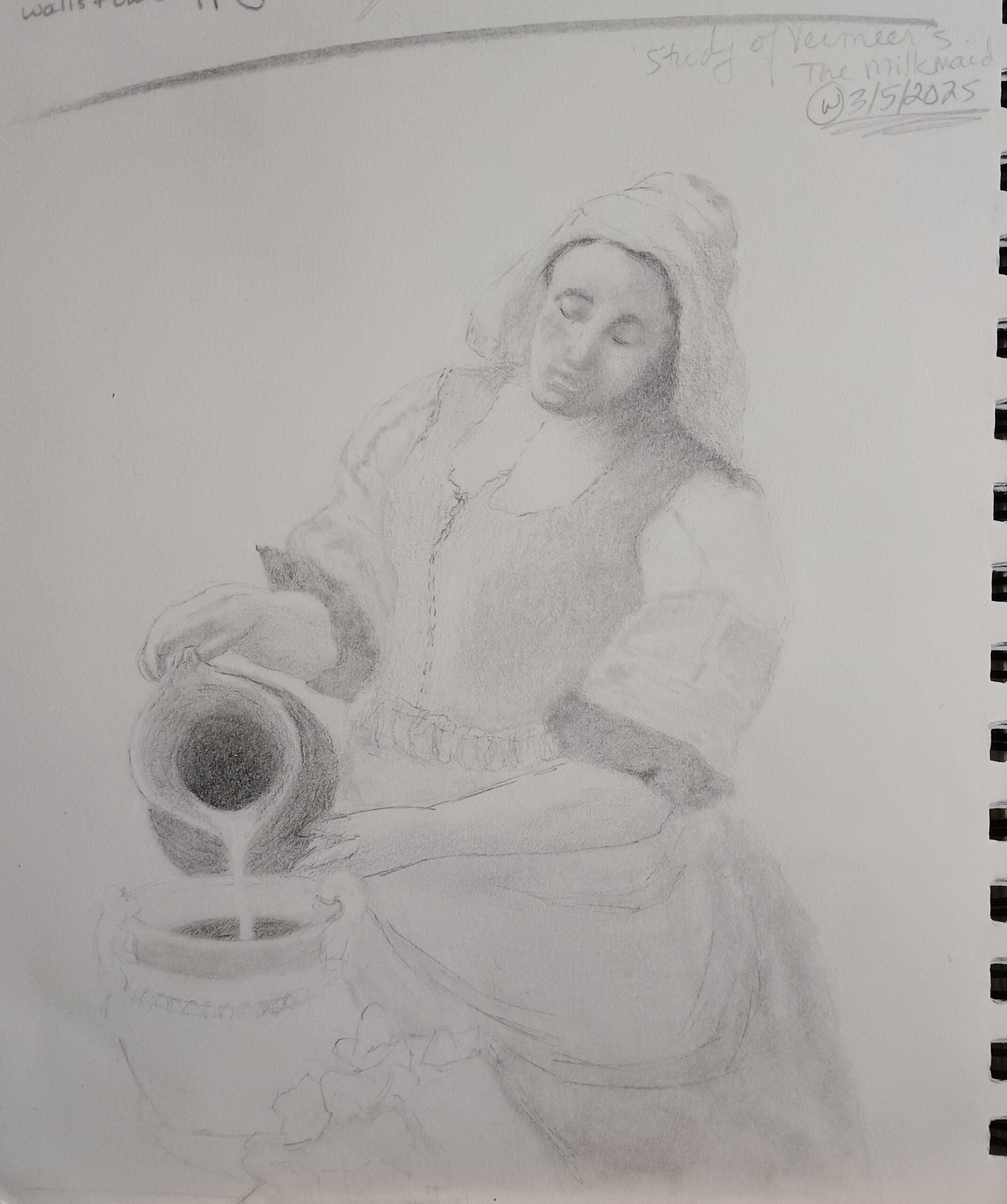 drawing of a woman in cap, collar, dress with rolled up sleeves, and apron pours milk from a large pitcher into a handled tureen on a table