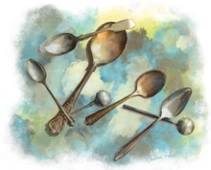 Lo-resolution small version of a digital painting of 7 antique style spoons arranged across a color-splotch background