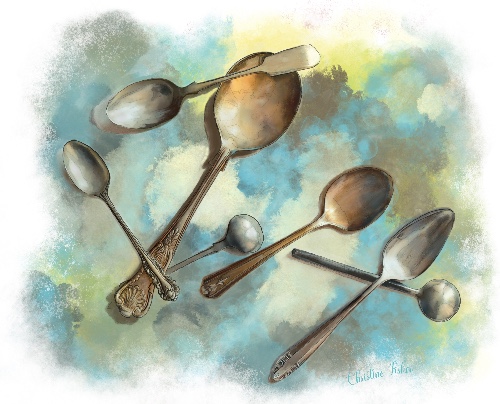 Lo-resolution small version of a digital painting of 7 antique style spoons arranged across a color-splotch background